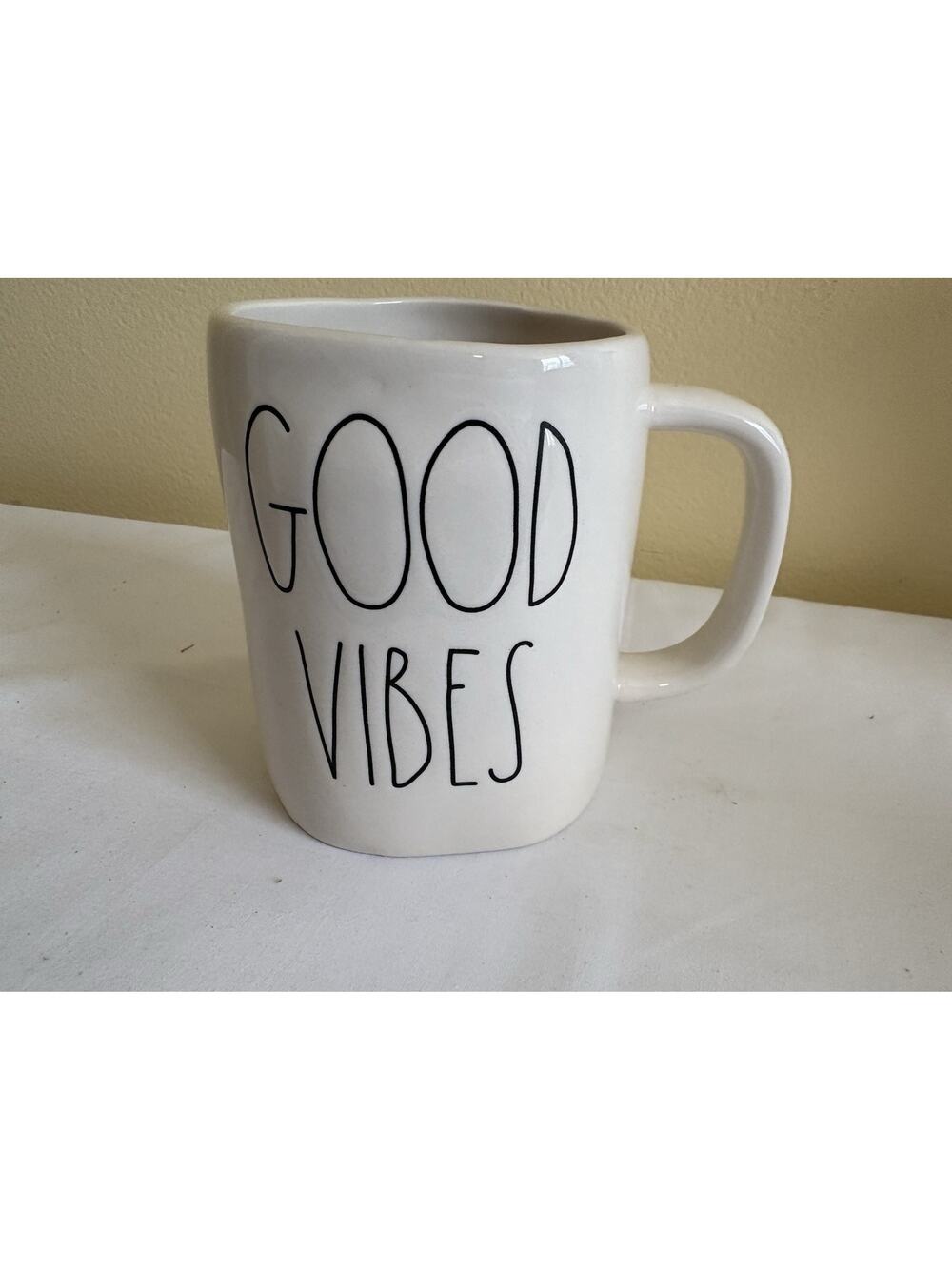 Rae Dunn GOOD VIBES Mug White Magenta Coffee Cup